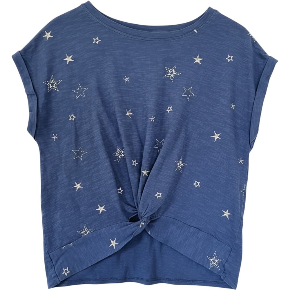 Women Top Lucky Brand Blue Embroidered Star Twist Front Size Large